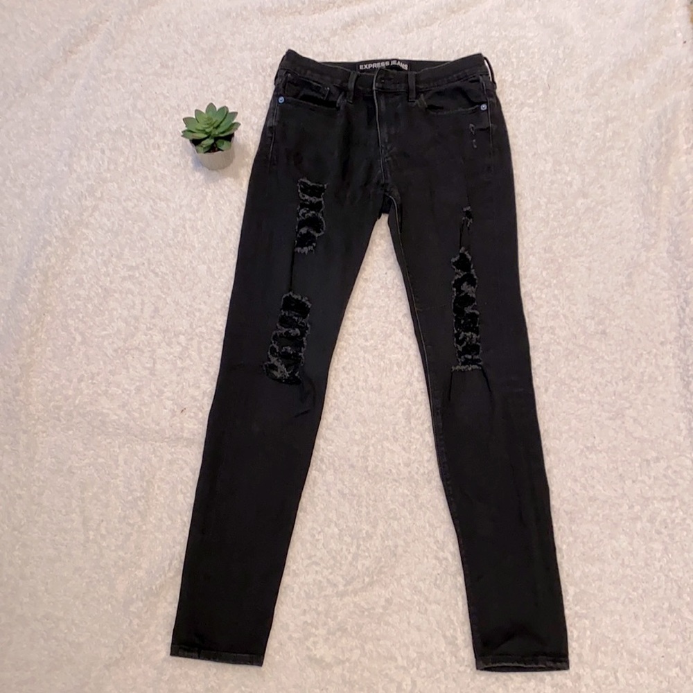 Express distressed black skinny jeans